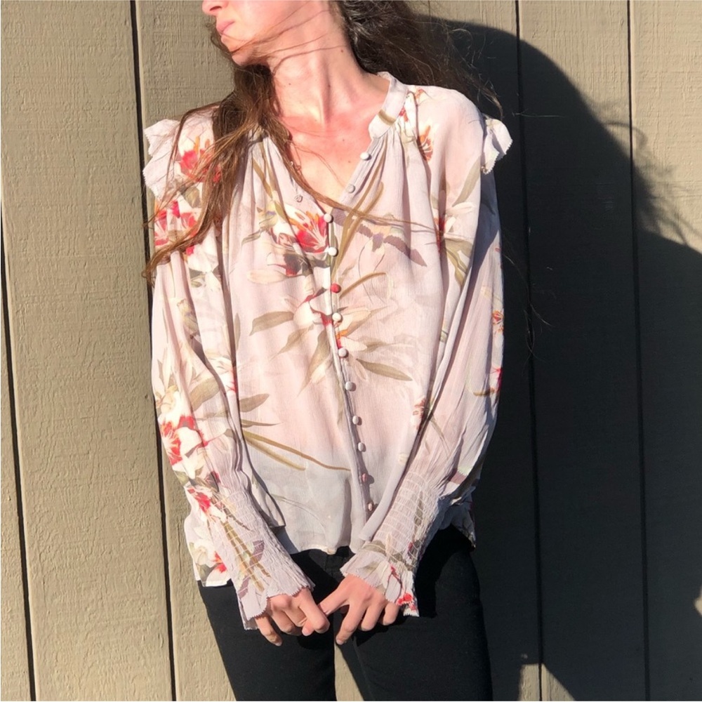 All Saints Floral Button-Front Long Sleeve Blouse in Ivory with Pink Accents